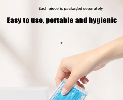 10–500 Pcs Disposable Blue Face Masks – 3-Layer Breathable Protective Masks for Adults with Melt-Blown Filter, Individually Packaged