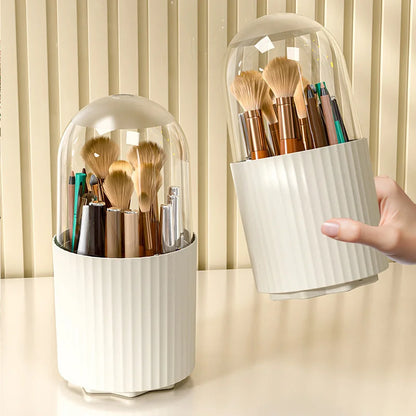 360° Rotating Makeup Brush Holder – Waterproof Dustproof Storage Box, Desktop Cosmetic Organizer with Clear Cover