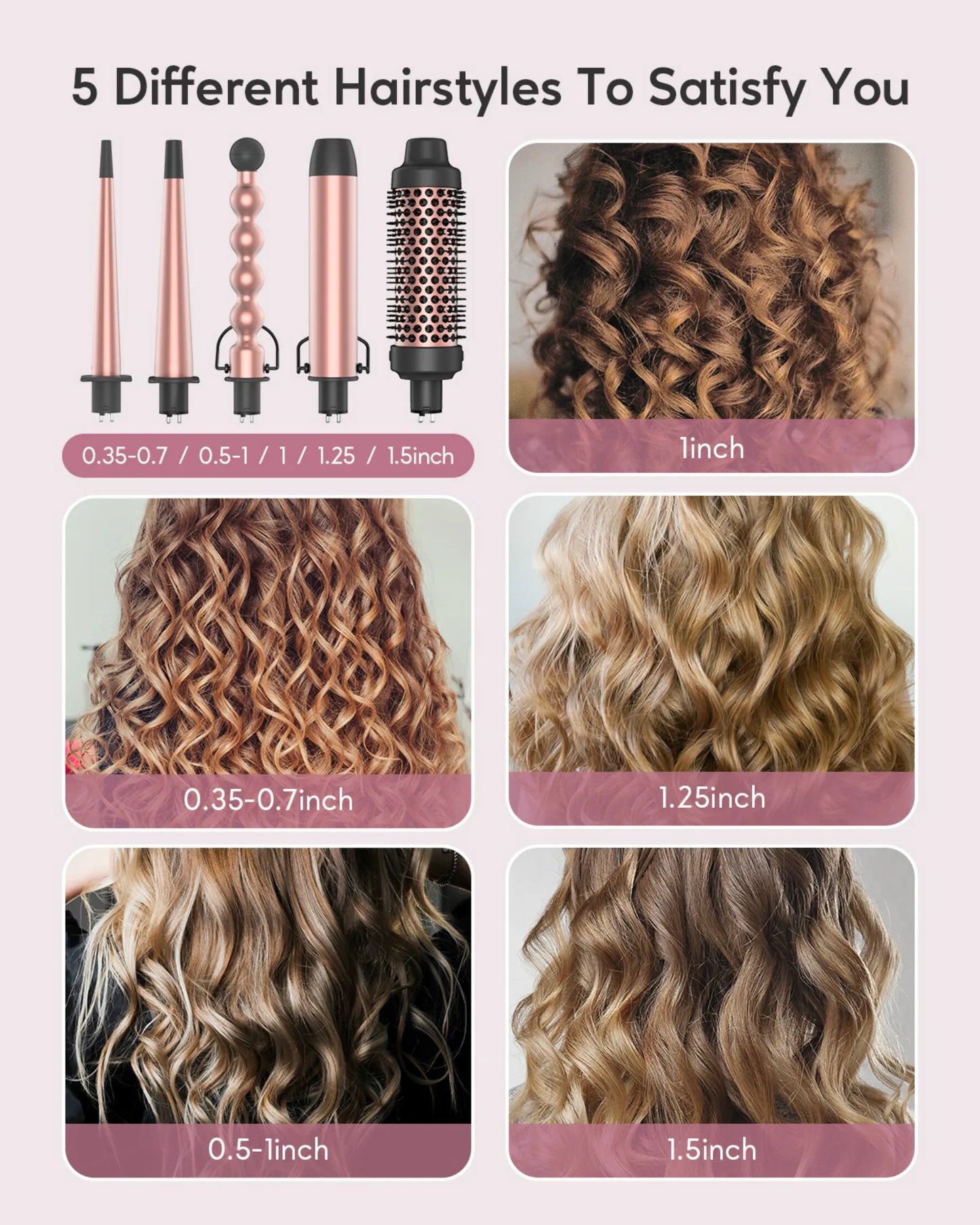 KIPOZI 5-in-1 Curling Iron Set Ceramic Hair Styler Hot Air Brush Dual Voltage