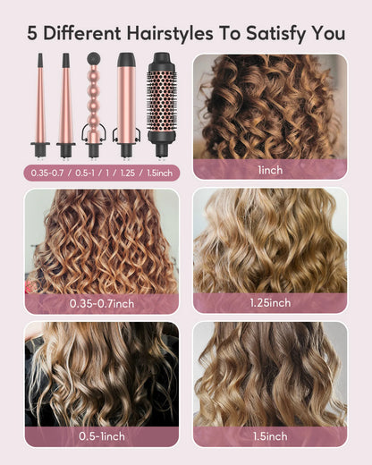 KIPOZI 5-in-1 Curling Iron Set Ceramic Hair Styler Hot Air Brush Dual Voltage