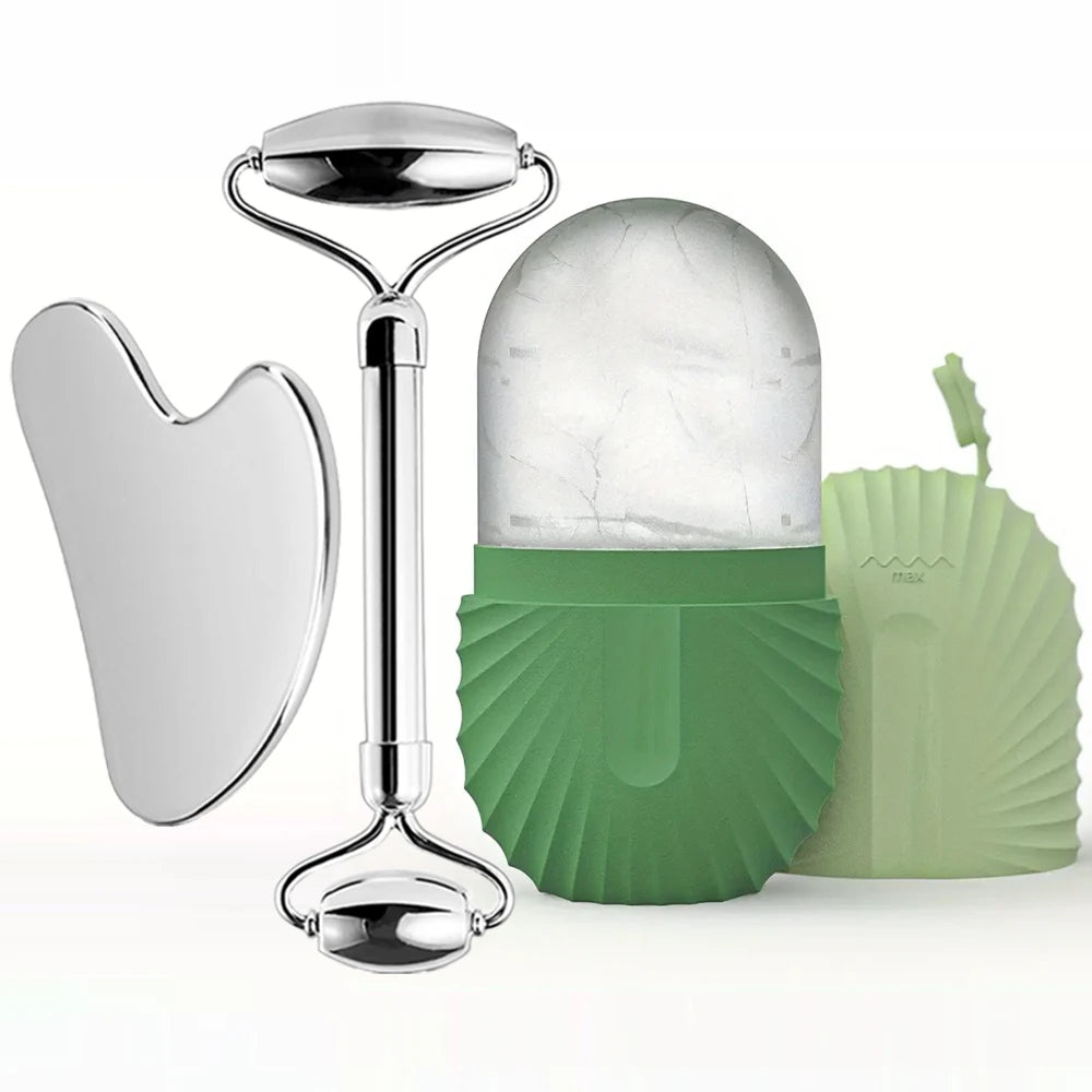 Stainless Steel Ice Face Roller & Gua Sha Set – Facial Massage & Skincare Tool Kit