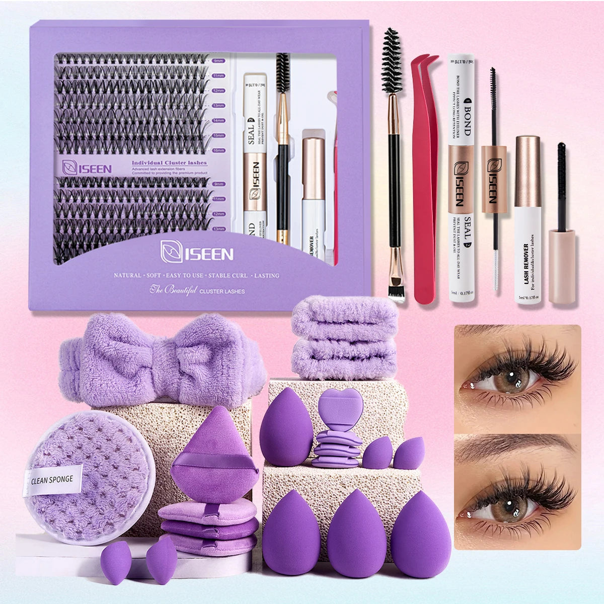 ISEEN DIY Lash Extension Kit – Mixed Style Lash Clusters with Bond & Seal, Remover, Tweezers & Lash Brush for Self-Application
