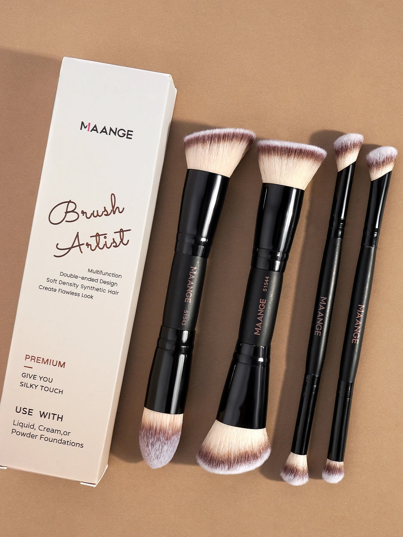 MAANGE 4-Piece Makeup Brush Set with Case – Dual-Ended Foundation, Powder & Eyeshadow Brushes