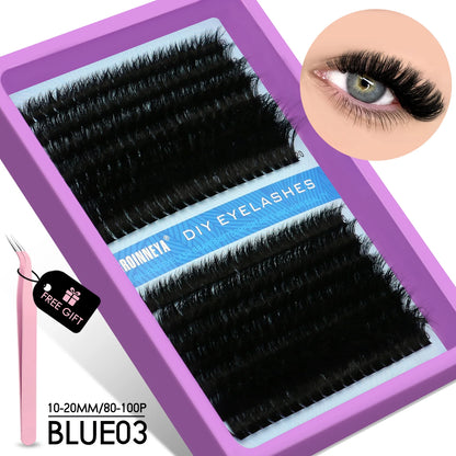 GROINNEYA DIY Fluffy Cluster Lashes Kit – Faux Mink Individual Eyelash Extensions, D-Curl Volume Mixed Tray for At-Home Lash Styling