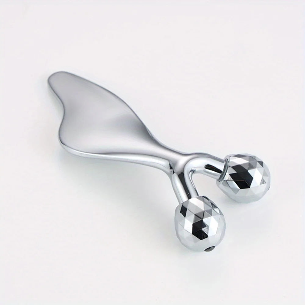 2-in-1 3D Face Roller & Gua Sha Tool Stainless Steel Facial Massager Cold Beauty Tool