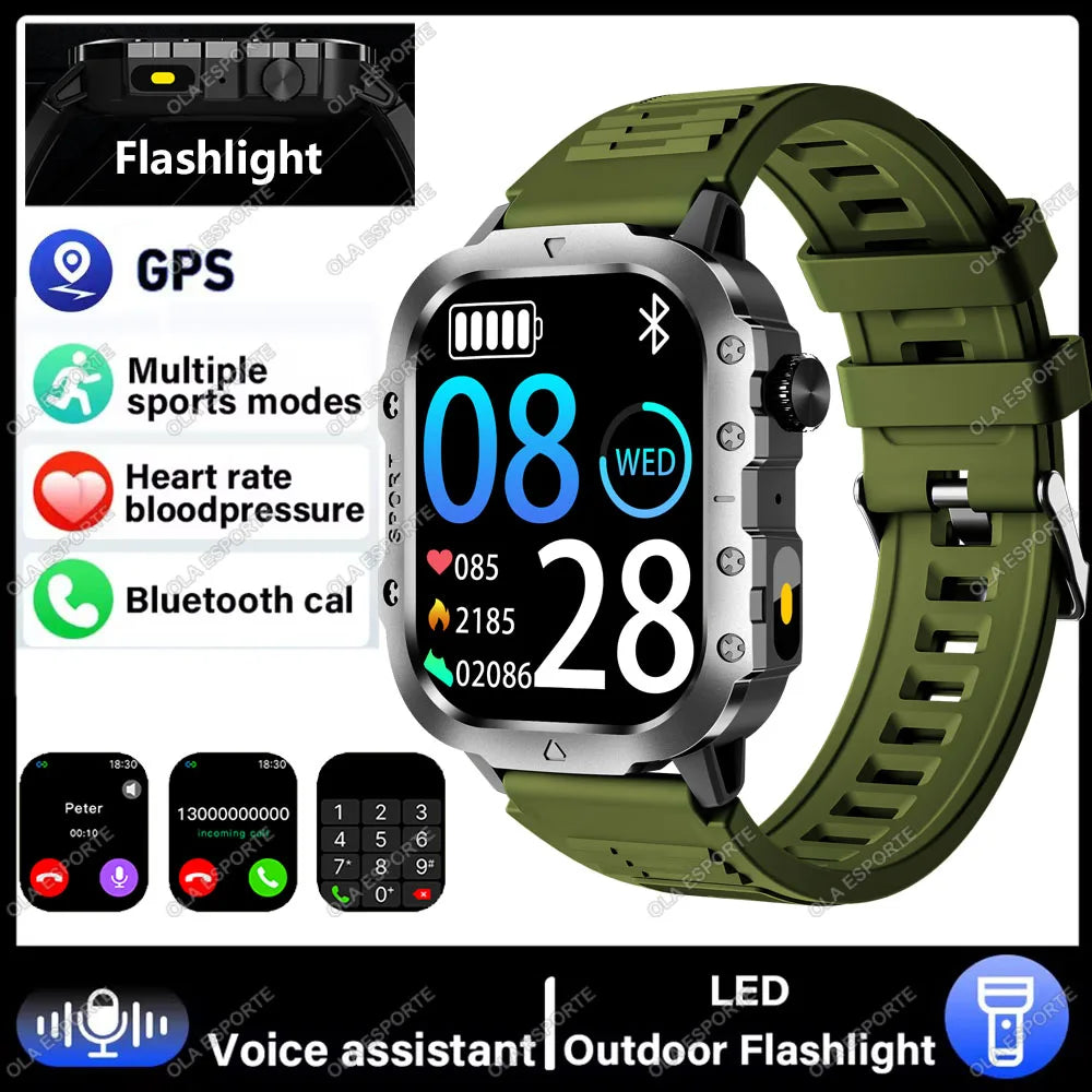 Military Smart Watch Bluetooth Call GPS Flashlight 100+ Sports Android iPhone