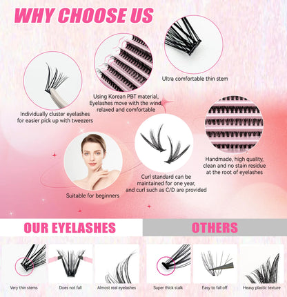 DIY Lash Extension Kit 200PCS Cluster Lashes 8-14mm with Bond & Seal Tweezers Synthetic Eyelashes Set