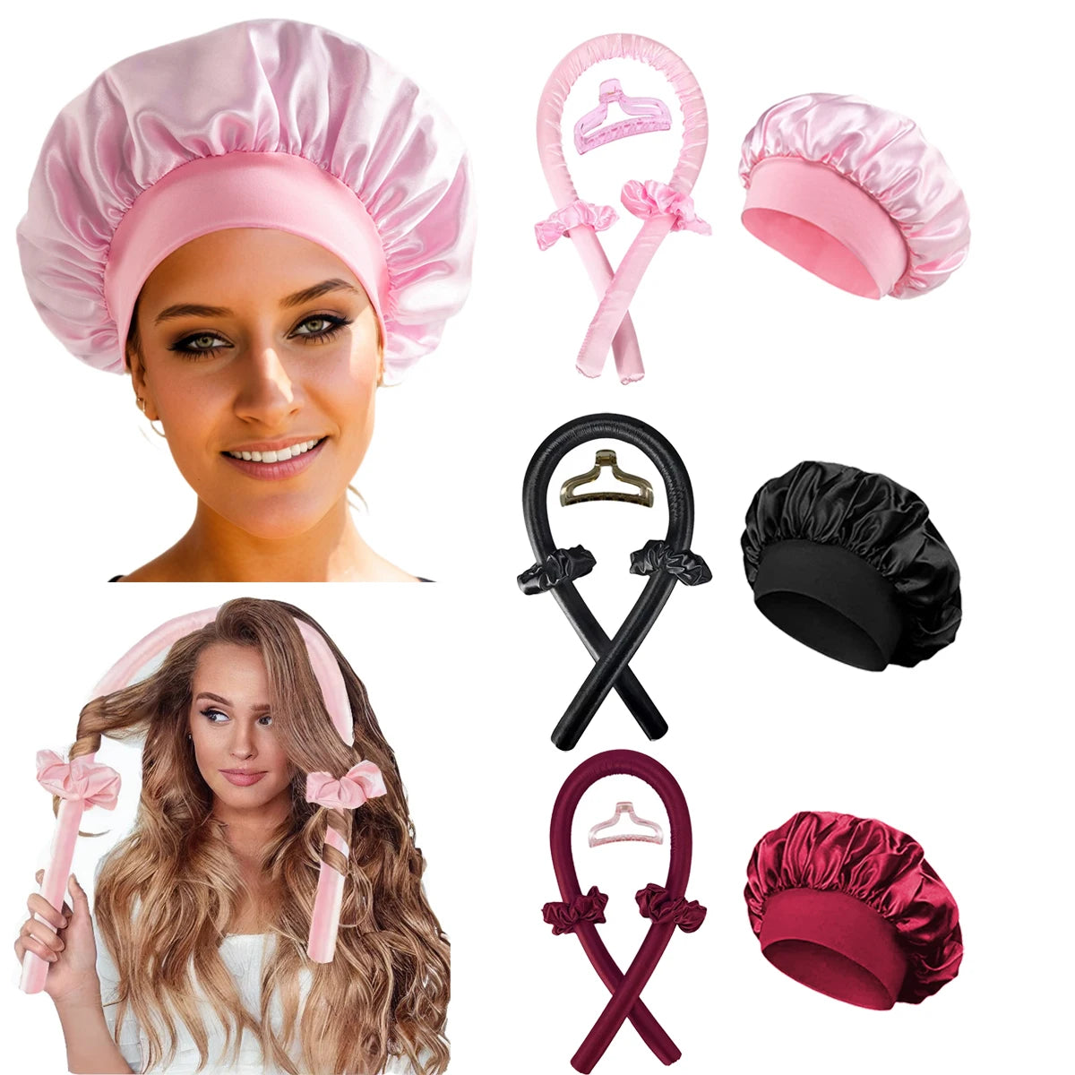 Heatless Curling Rod Headband & Satin Bonnet Set – No-Heat Soft Hair Curlers for Overnight Lazy Curls