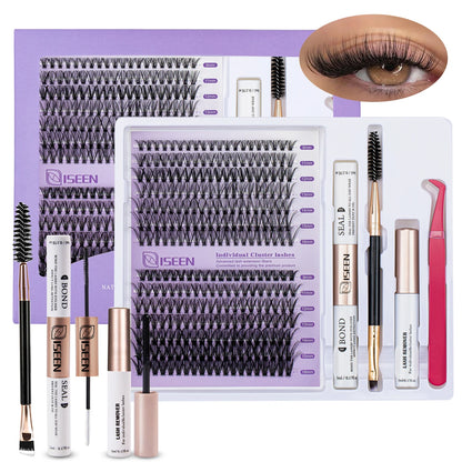 ISEEN DIY Lash Extension Kit – Mixed Style Lash Clusters with Bond & Seal, Remover, Tweezers & Lash Brush for Self-Application
