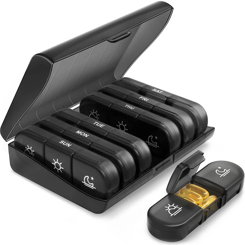 Weekly Pill Organizer Box – 7 Day Portable Travel Medicine Case with 14 Compartments for Pills, Vitamins & Supplements