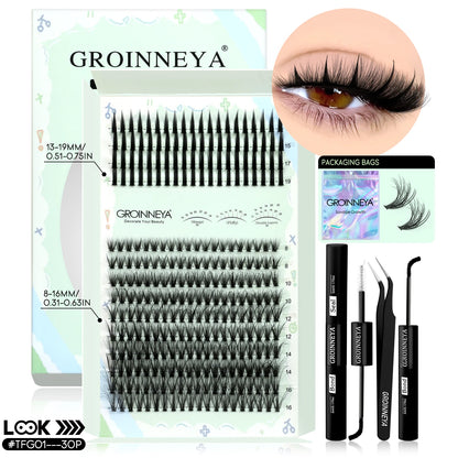 GROINNEYA Lash Clusters Kit – Spiky D-Curl Individual Lash Extensions with Bond & Seal for DIY Eyelash Application