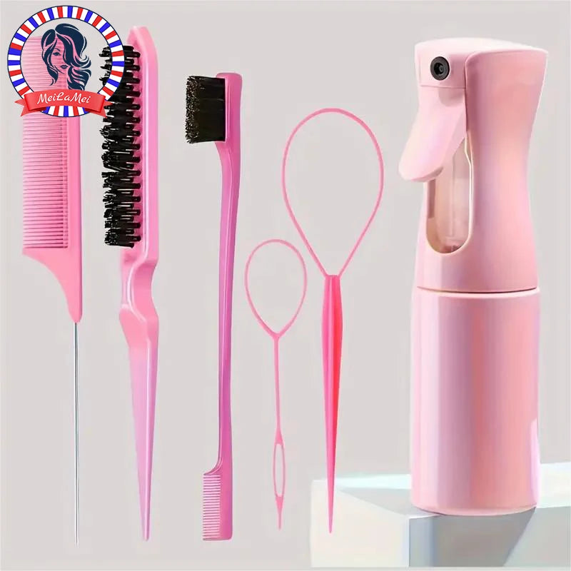6-Piece Hair Styling Brush & Comb Set with Spray Bottle – Hairdressing Tools for Braiding, Teasing, and Edge Control