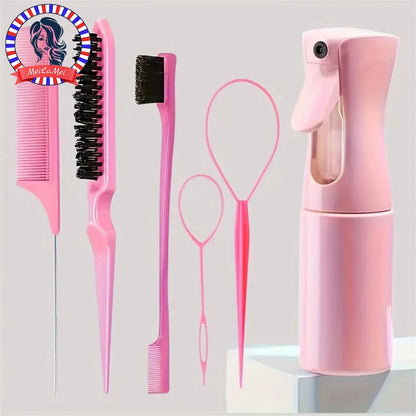6-Piece Hair Styling Brush & Comb Set with Spray Bottle – Hairdressing Tools for Braiding, Teasing, and Edge Control