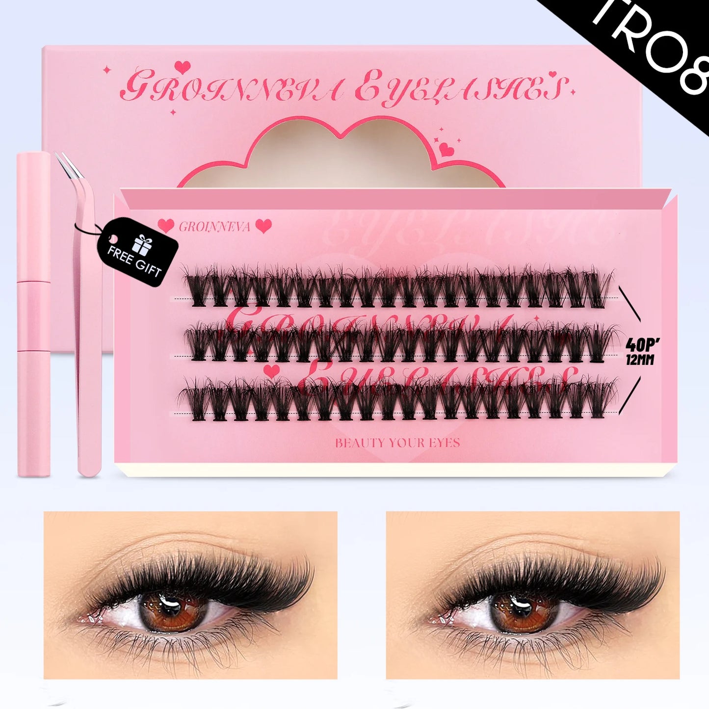 GROINNEYA DIY Lash Clusters Kit – Mixed Length Individual Eyelash Extensions with Bond & Seal, Tweezers Tool for At-Home Lash Application