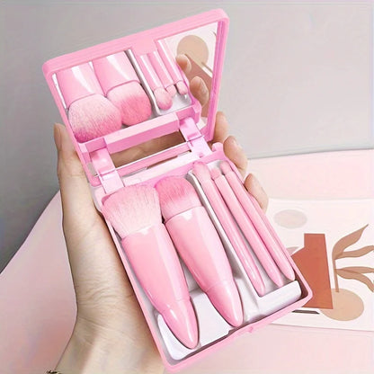 Premium Quality 5-Piece Portable Makeup Brush Set with Mirror – Foldable Mini Travel Makeup Brush Kit