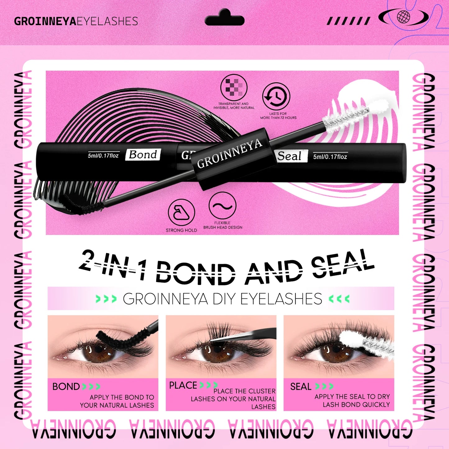 GROINNEYA Lash Clusters Kit – Cat Eye Cluster Eyelash Extensions with Lash Bond & Seal, DIY Large-Capacity Lash Kit