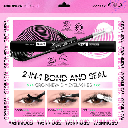 GROINNEYA Lash Clusters Kit – Cat Eye Cluster Eyelash Extensions with Lash Bond & Seal, DIY Large-Capacity Lash Kit