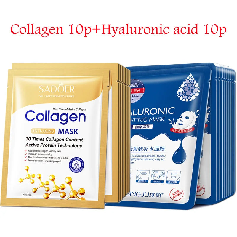 20pcs Hyaluronic Acid & Collagen Face Masks – Moisturizing, Firming, Hydrating Korean Skincare Sheet Masks