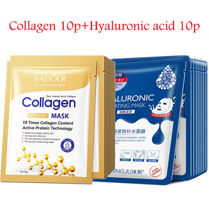 20pcs Hyaluronic Acid & Collagen Face Masks – Moisturizing, Firming, Hydrating Korean Skincare Sheet Masks
