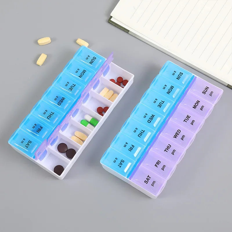 Weekly Pill Organizer Box – 7 Day Portable Travel Medicine Case with 14 Compartments for Pills, Vitamins & Supplements