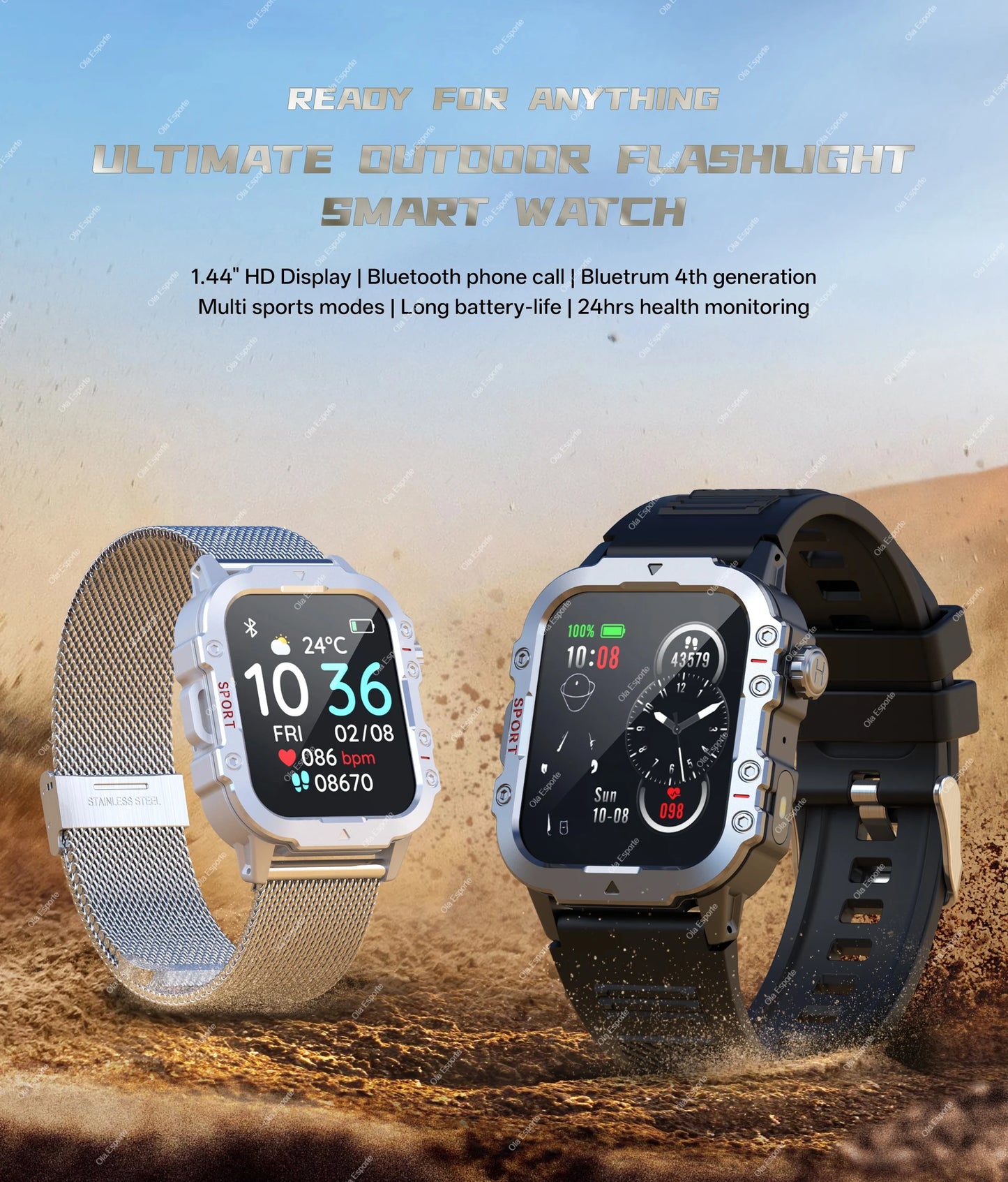 Outdoor Smart Watch Bluetooth Call LED Flashlight Fitness Tracker Android iPhone