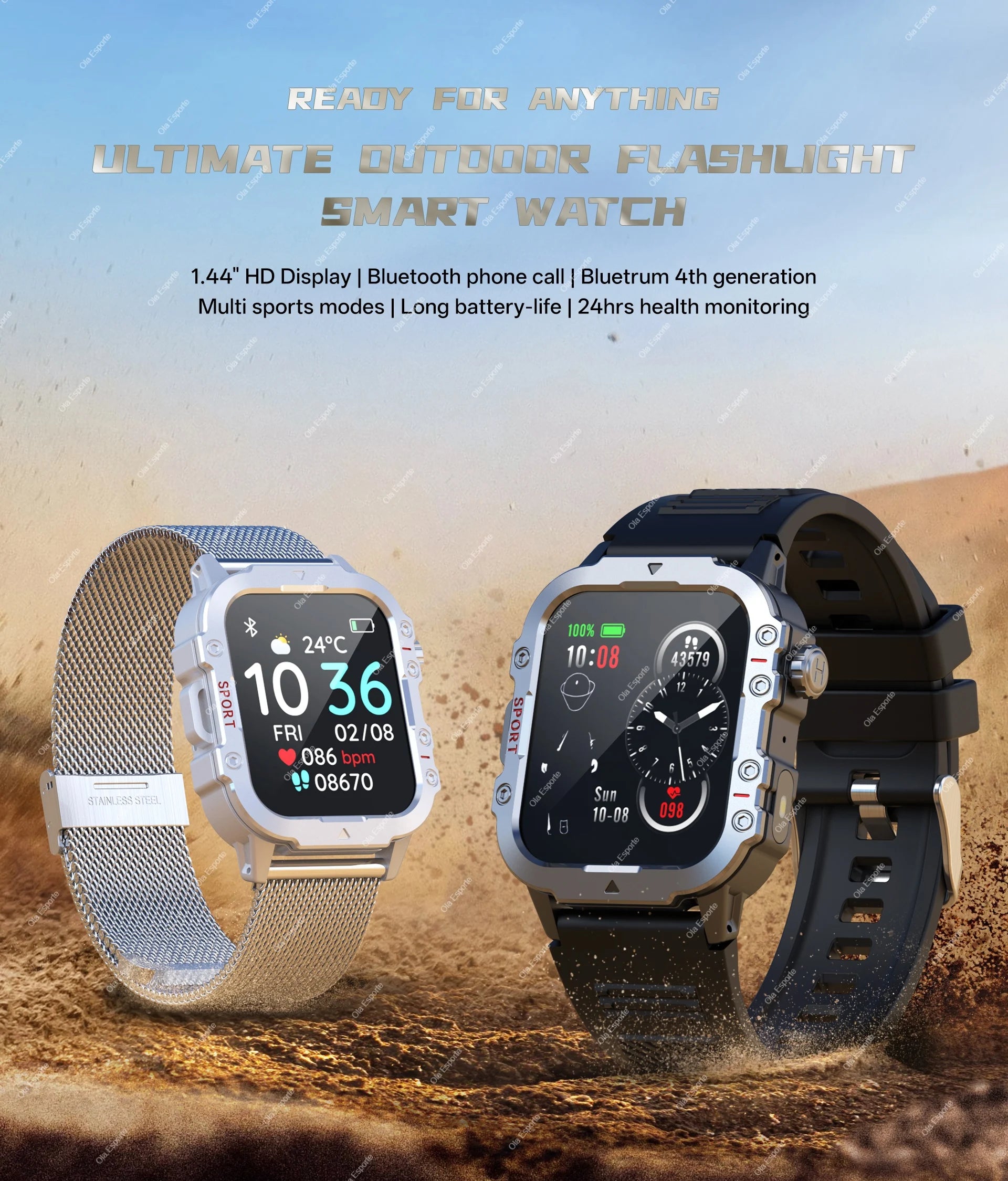 Outdoor Smart Watch Bluetooth Call LED Flashlight Fitness Tracker Android iPhone