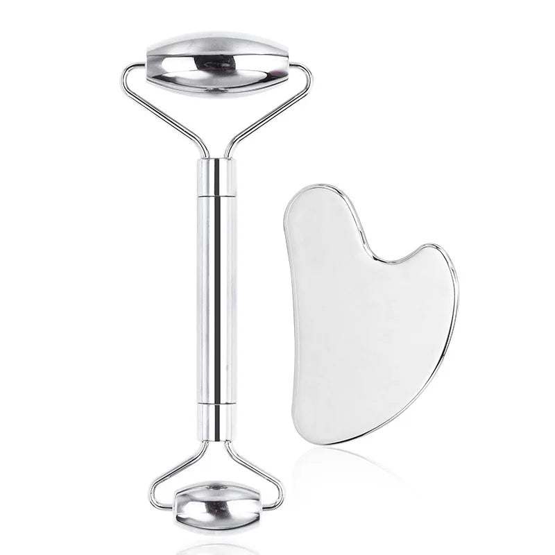 6-Piece Stainless Steel Facial Care Tool Set – Ice Roller, Gua Sha Scraper & Storage Bag