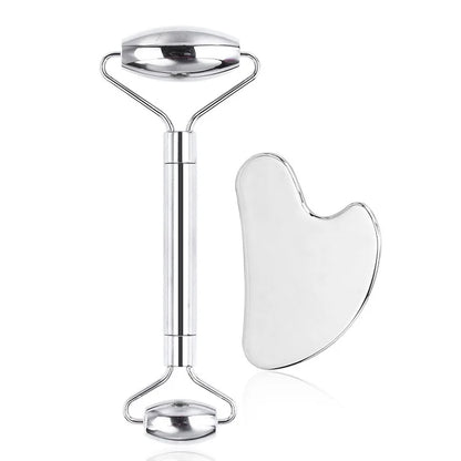 6-Piece Stainless Steel Facial Care Tool Set – Ice Roller, Gua Sha Scraper & Storage Bag