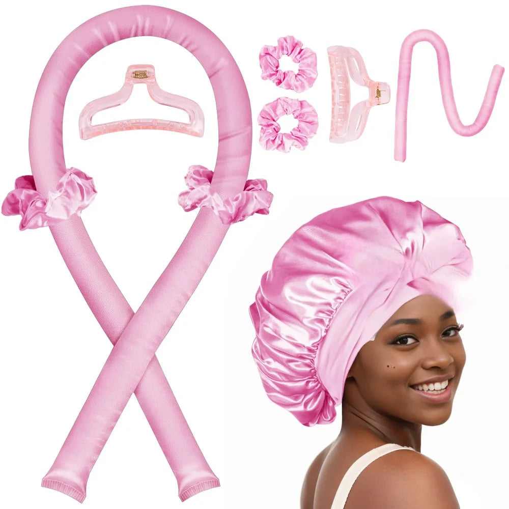 Heatless Curling Rod Night Cap Set – No-Heat Ribbon Hair Curlers with Soft Sleeping Bonnet for Overnight Curls