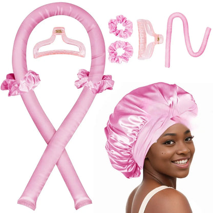Heatless Curling Rod Night Cap Set – No-Heat Ribbon Hair Curlers with Soft Sleeping Bonnet for Overnight Curls