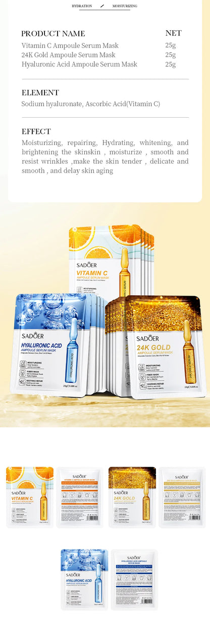10-30 Pcs SADOER 24K Gold Vitamin C & Hyaluronic Acid Facial Masks – Moisturizing, Firming & Hydrating Skincare Treatment