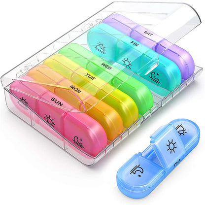 Weekly Pill Organizer Box – 7 Day Portable Travel Medicine Case with 14 Compartments for Pills, Vitamins & Supplements