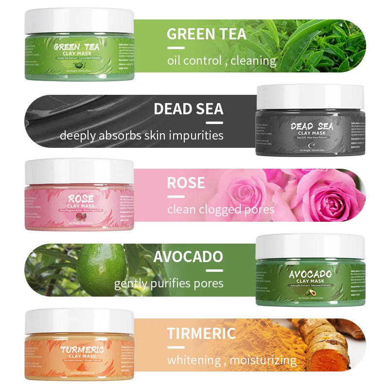 Turmeric, Green Tea, Rose & Avocado Clay Facial Mask – Hydrating, Brightening & Blackhead Removal Mud Skincare Treatment