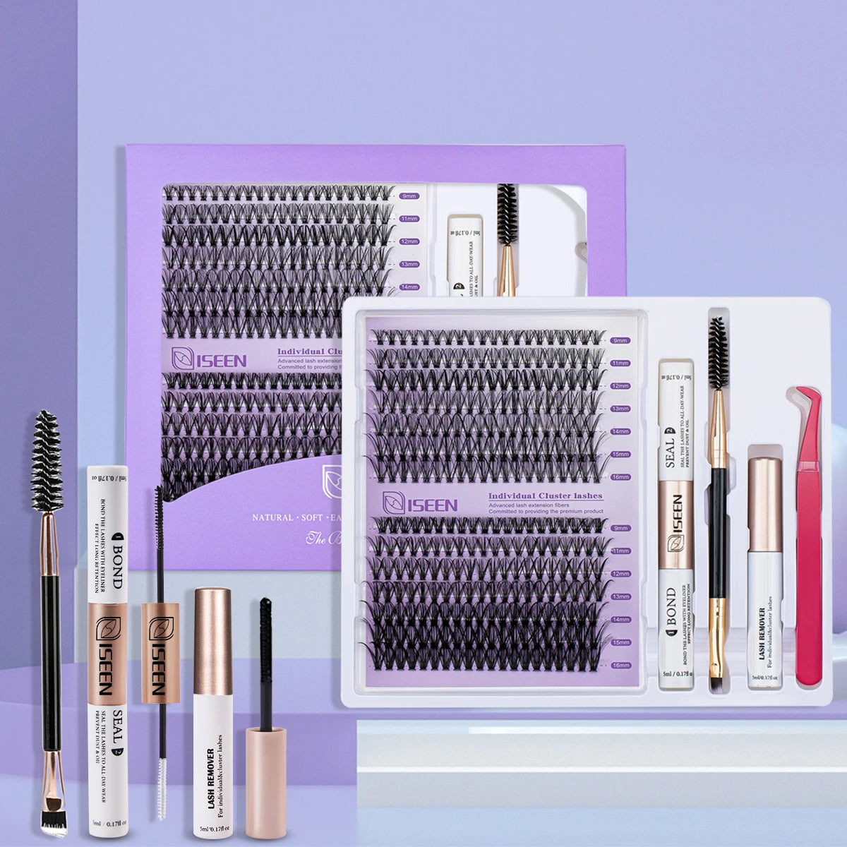 ISEEN DIY Lash Extension Kit – Mixed Style Lash Clusters with Bond & Seal, Remover, Tweezers & Lash Brush for Self-Application