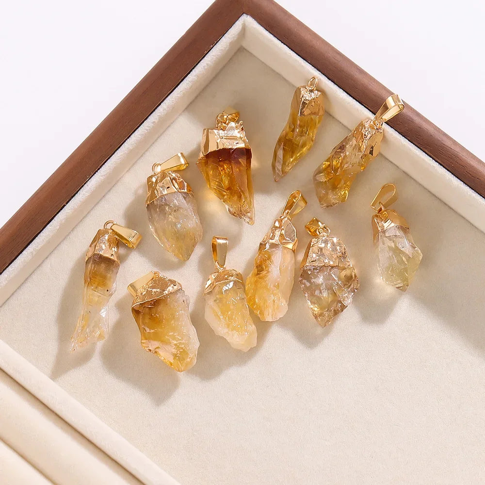 Natural Raw Citrine Crystal Pendant – Irregular Healing Stone with Gold-Plated Cap, Small Chakra Energy Charm for Jewelry Making