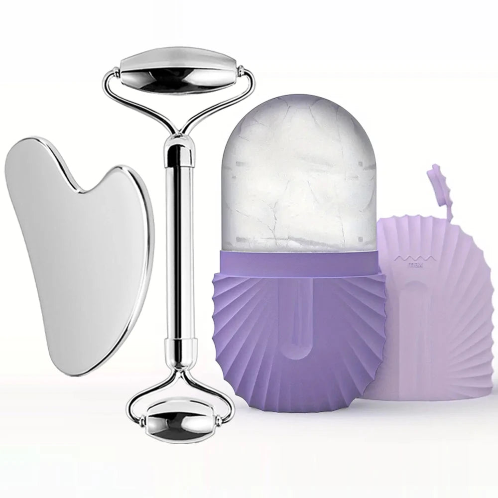 Stainless Steel Ice Face Roller & Gua Sha Set – Facial Massage & Skincare Tool Kit