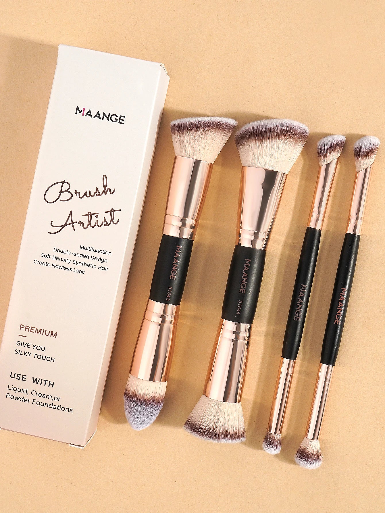 MAANGE 4-Piece Makeup Brush Set with Case – Dual-Ended Foundation, Powder & Eyeshadow Brushes