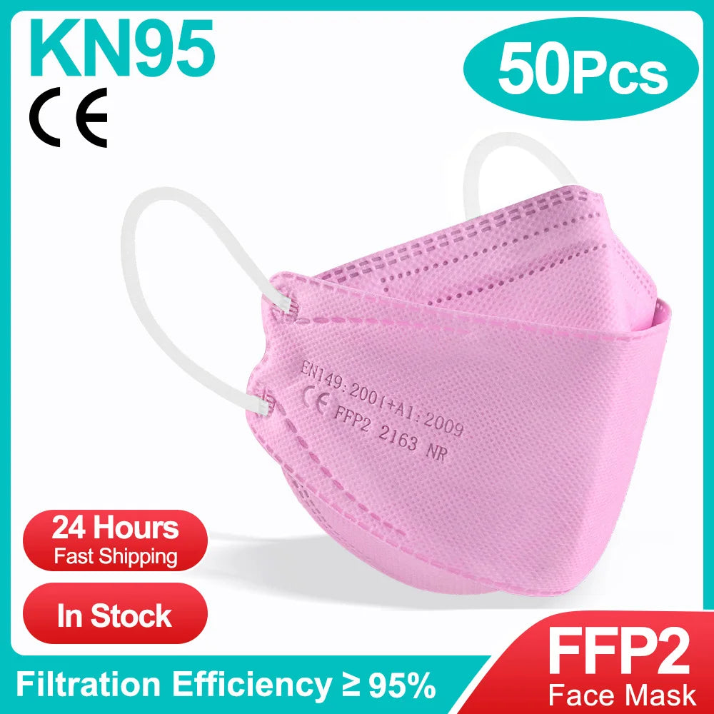 10-100 PCS FFP2 Face Masks – CE Approved, Disposable KN95/KF94 Black Fish-Style Masks