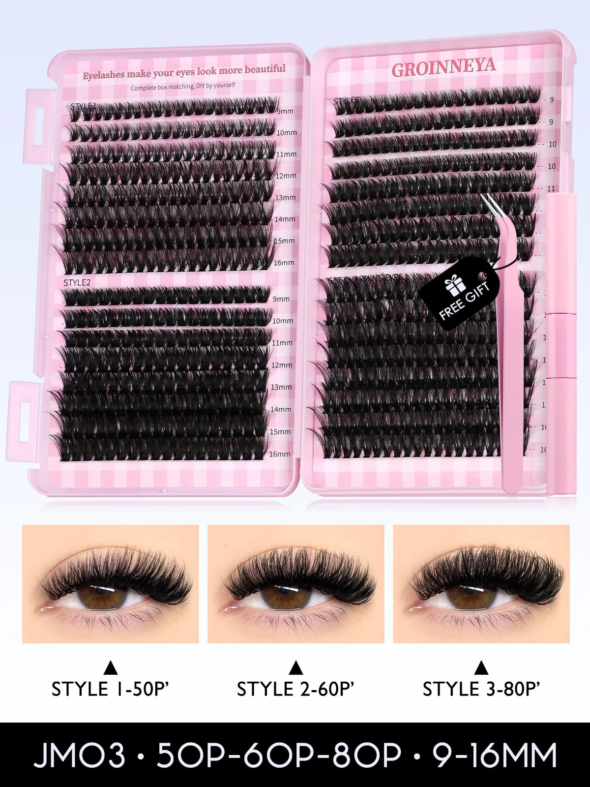 GROINNEYA DIY Lash Clusters Kit – 640PCS Cat-Eye Individual Eyelash Extensions with Bond & Seal for At-Home Lash Application