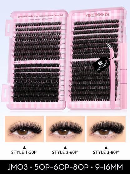 GROINNEYA DIY Lash Clusters Kit – 640PCS Cat-Eye Individual Eyelash Extensions with Bond & Seal for At-Home Lash Application