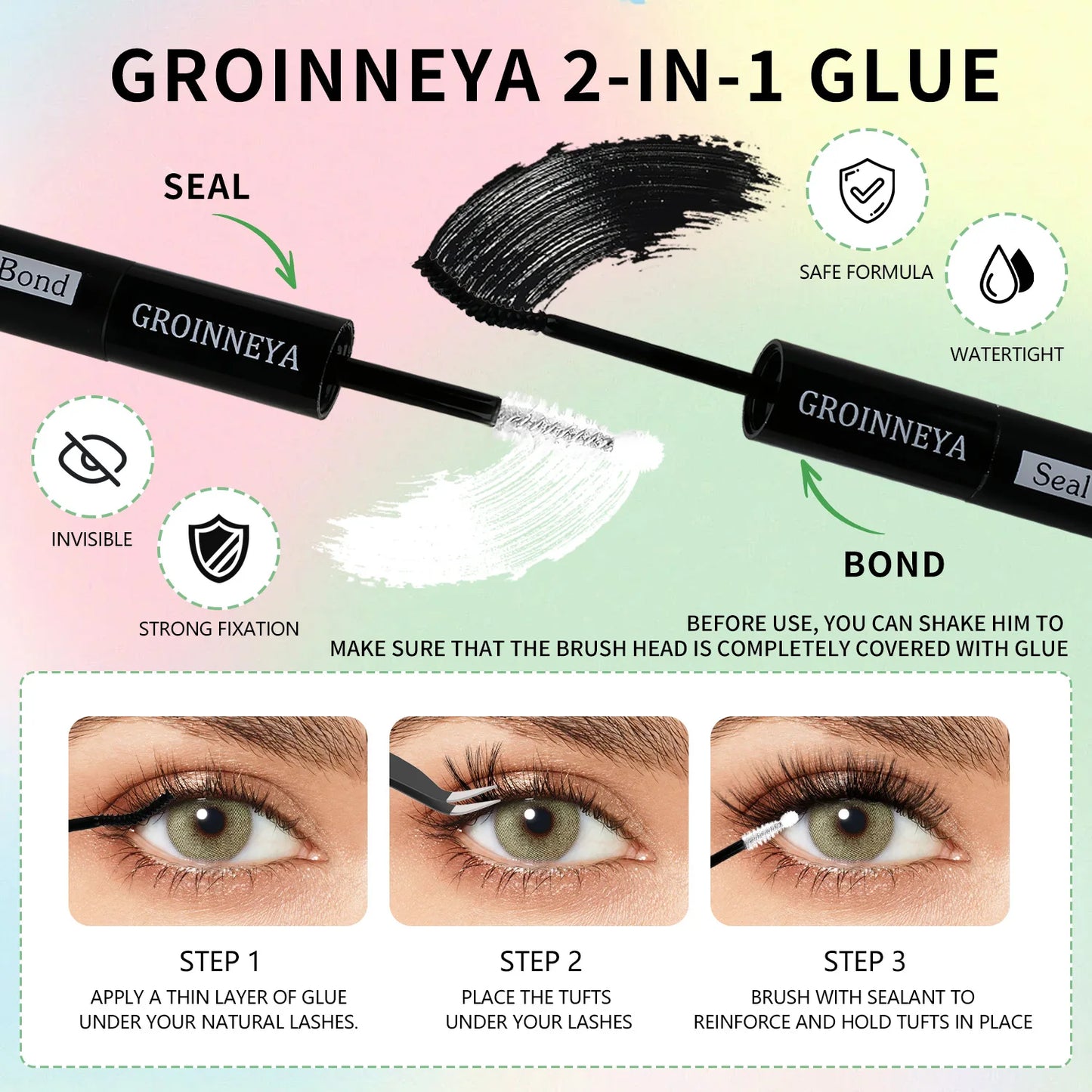 GROINNEYA DIY Lash Clusters Kit – Mixed Length Individual Eyelash Extensions with Bond & Seal, Tweezers Tool for At-Home Lash Application