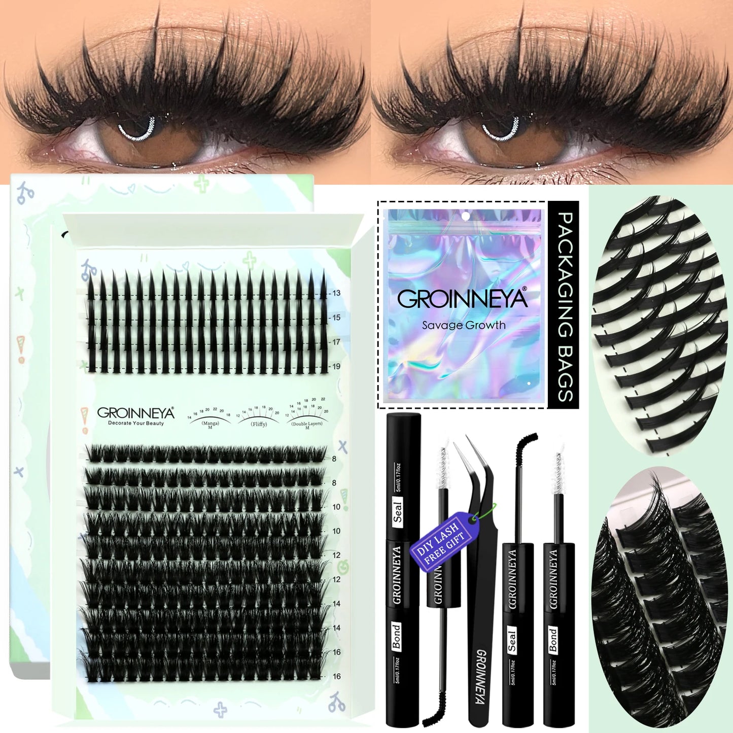 GROINNEYA Lash Clusters Kit – Spiky D-Curl Individual Lash Extensions with Bond & Seal for DIY Eyelash Application