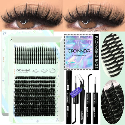 GROINNEYA Lash Clusters Kit – Spiky D-Curl Individual Lash Extensions with Bond & Seal for DIY Eyelash Application