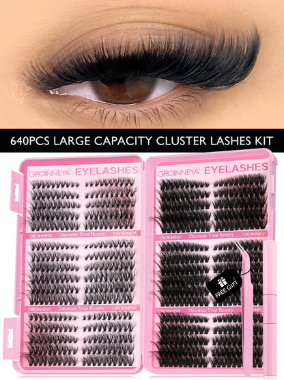 GROINNEYA DIY Lash Clusters Kit – 640PCS Cat-Eye Individual Eyelash Extensions with Bond & Seal for At-Home Lash Application