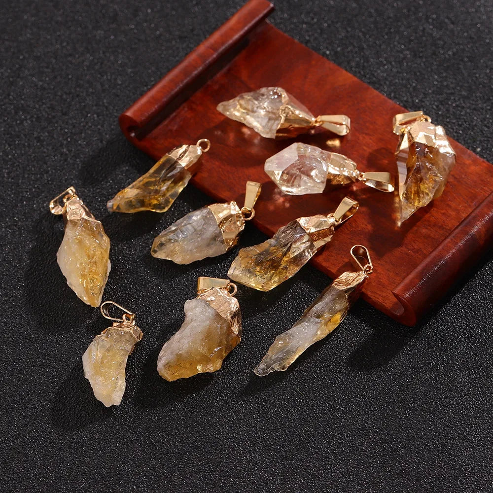 Natural Raw Citrine Crystal Pendant – Irregular Healing Stone with Gold-Plated Cap, Small Chakra Energy Charm for Jewelry Making