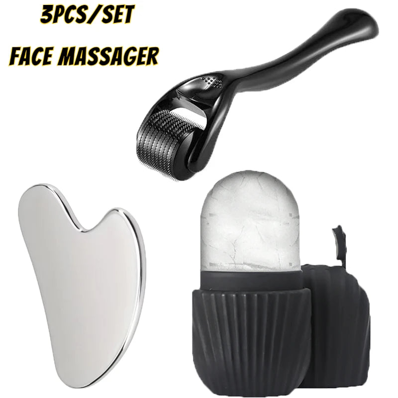 3-Piece Stainless Steel Facial Massage Tool Set – Ice Face Roller, Heart Gua Sha & Facial Roller