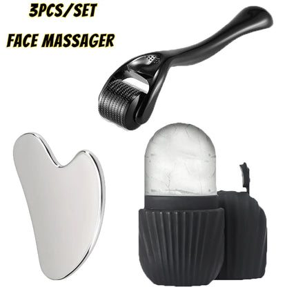 3-Piece Stainless Steel Facial Massage Tool Set – Ice Face Roller, Heart Gua Sha & Facial Roller