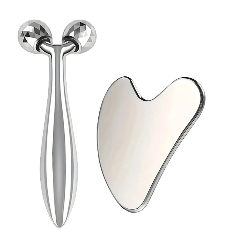 Stainless Steel Gua Sha Facial Tool & 3D Roller – Eye & Face Massage Beauty Tool
