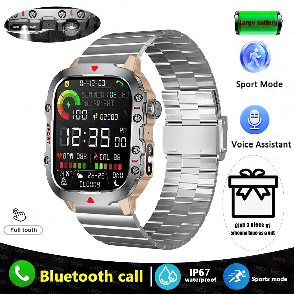 Rugged Men’s Bluetooth Call Smart Watch with Flashlight – 2.01” Outdoor Sports Fitness Watch for Android & iOS