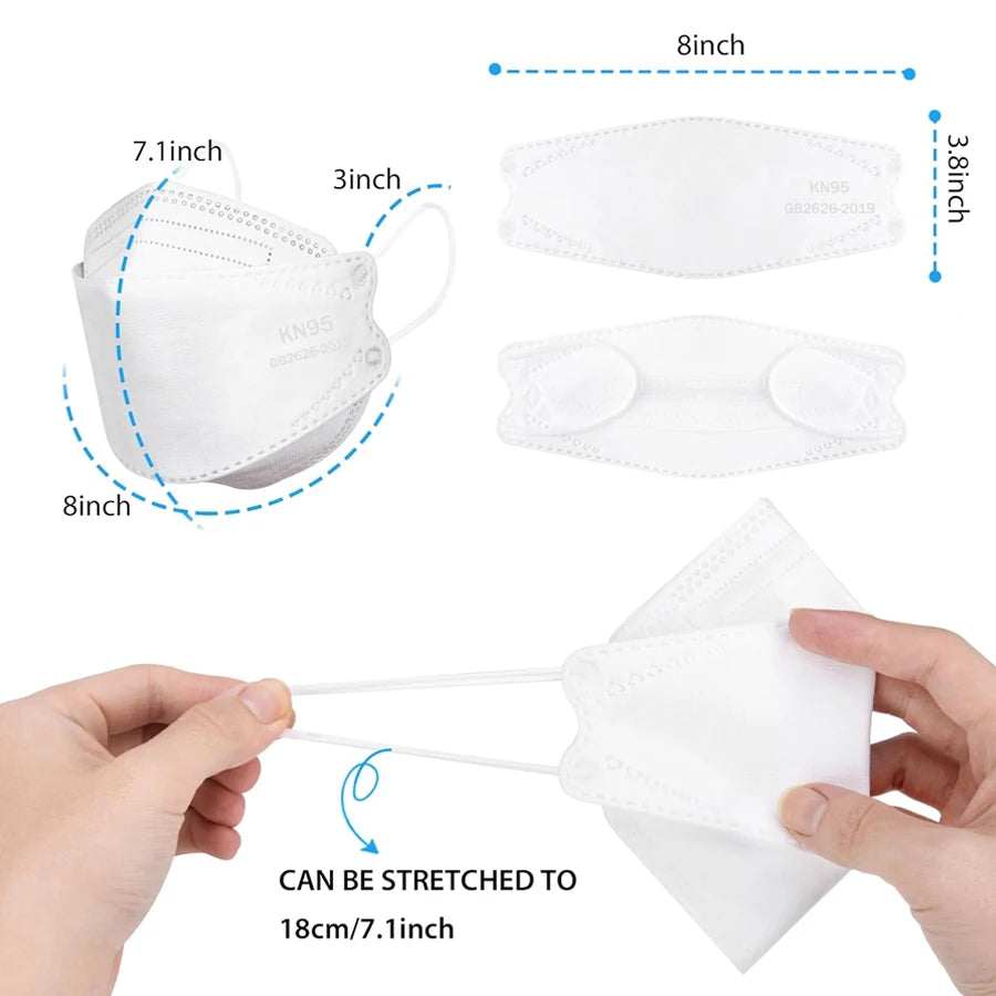 GTT KN95 Disposable Face Masks 4-Layer Protective 3D Fish-Style Design – Individually Wrapped – Black or White (50–200 Pack)
